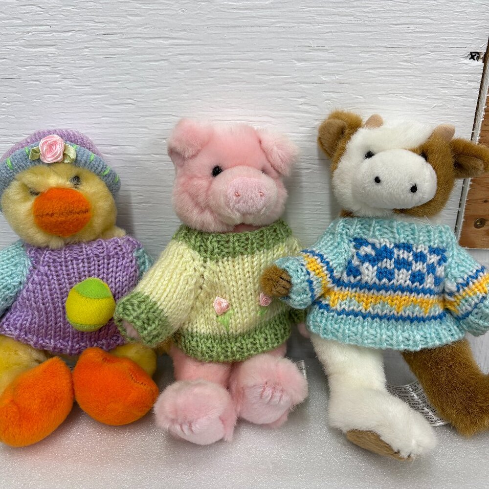 2001 HugFun plush Easter duck & Pink Pig &  Cow Friends-Posable Knit Sweaters